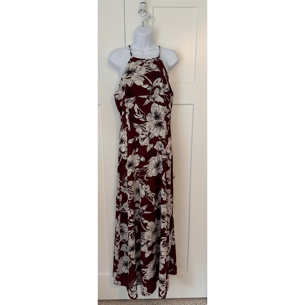 Anself Womens XL Burgundy Floral Halter Neck Open Back Maxi Dress Sleeveless